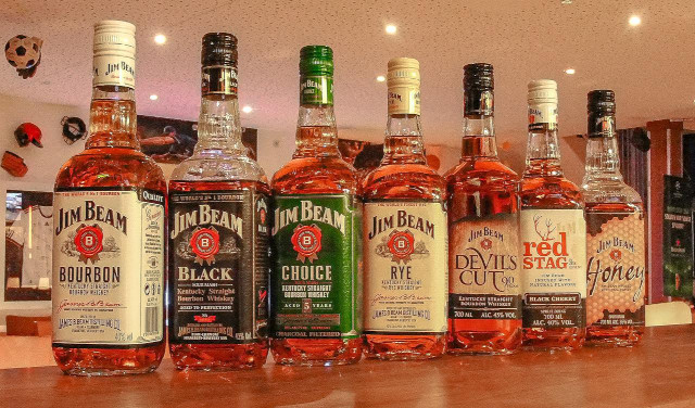 Several bottles of Jim Beam linef up