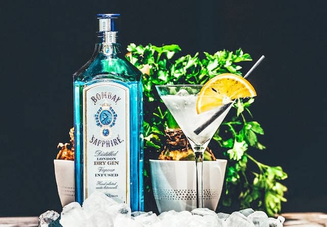 Bombay Sapphire gin bottle  and cocktail