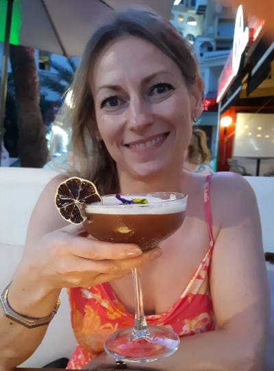 Ingrid drinking a Chocolate Martini.