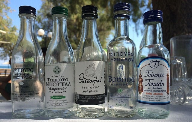 Ouzo bottles in a line